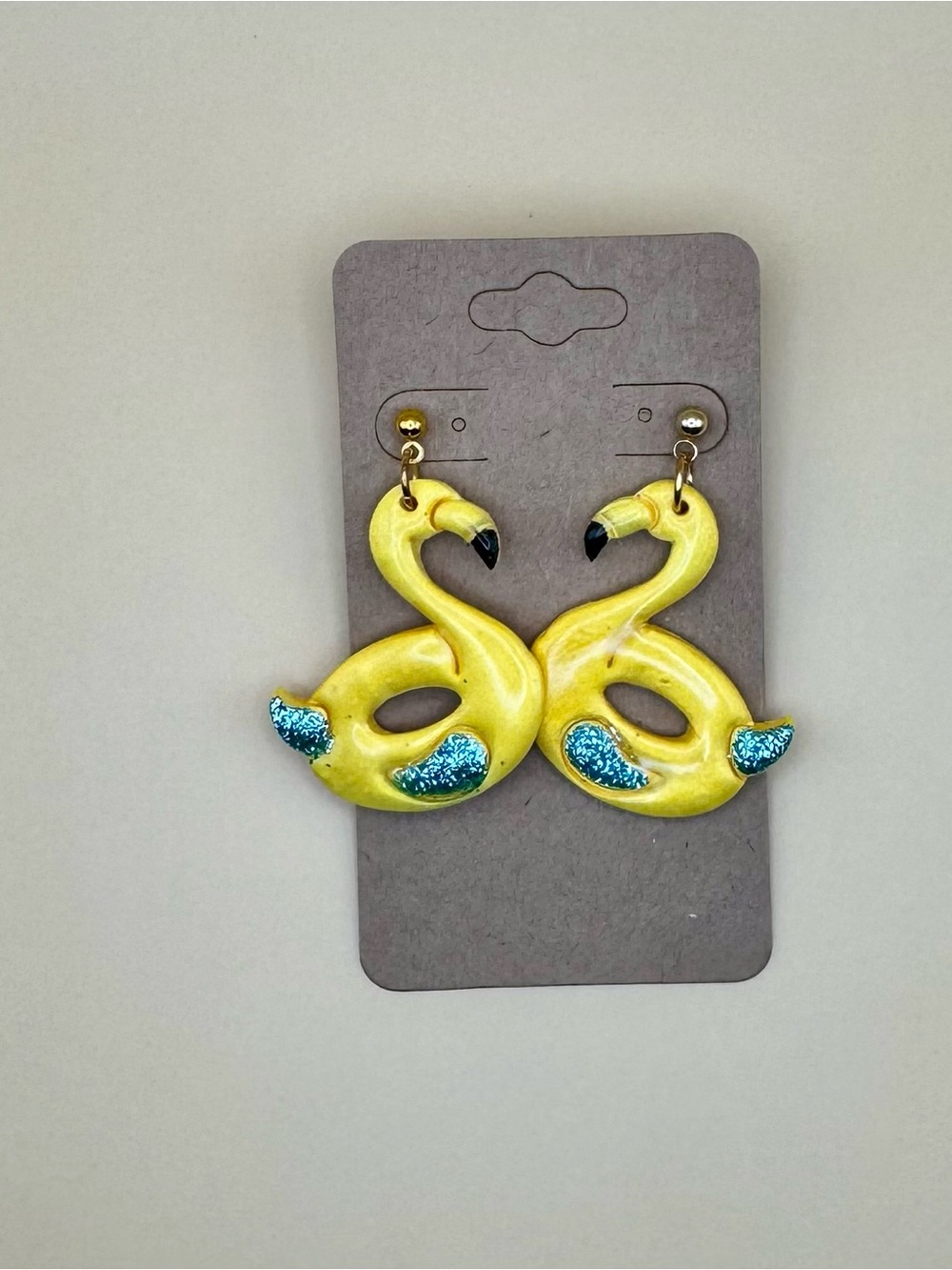 Yellow Flamingo Drop Earrings with Teal Glitter Accents
